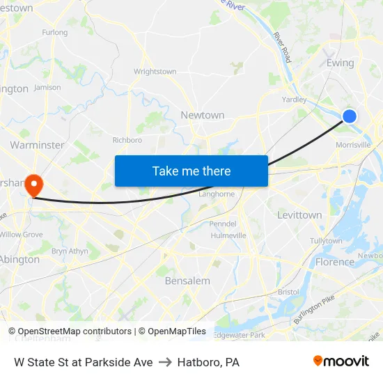 W State St at Parkside Ave to Hatboro, PA map