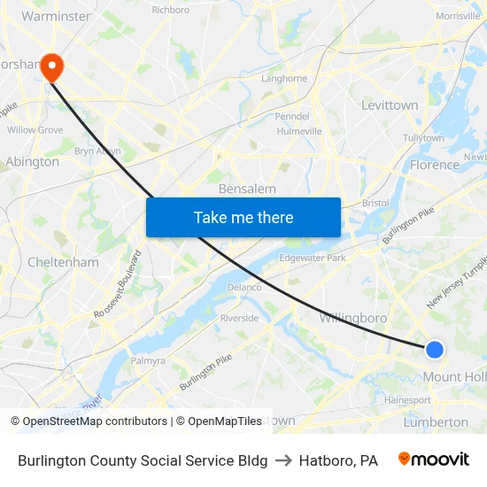 Burlington County Social Service Bldg to Hatboro, PA map
