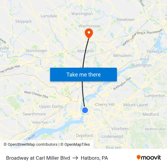 Broadway at Carl Miller Blvd to Hatboro, PA map