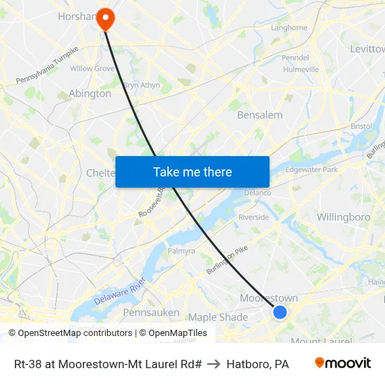 Rt-38 at Moorestown-Mt Laurel Rd# to Hatboro, PA map