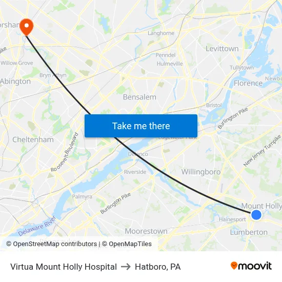 Virtua Mount Holly Hospital to Hatboro, PA map