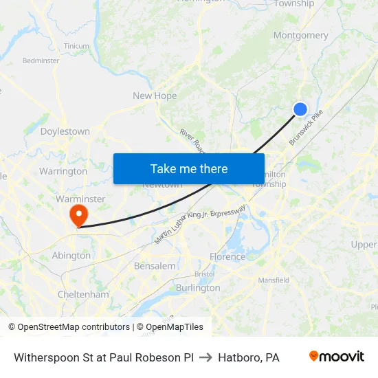 Witherspoon St at Paul Robeson Pl to Hatboro, PA map