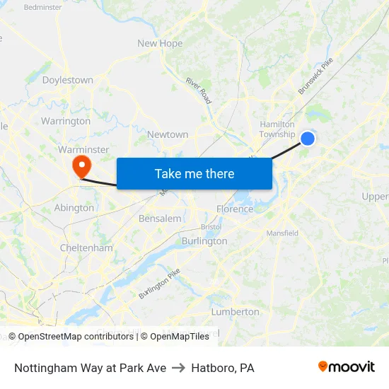 Nottingham Way at Park Ave to Hatboro, PA map