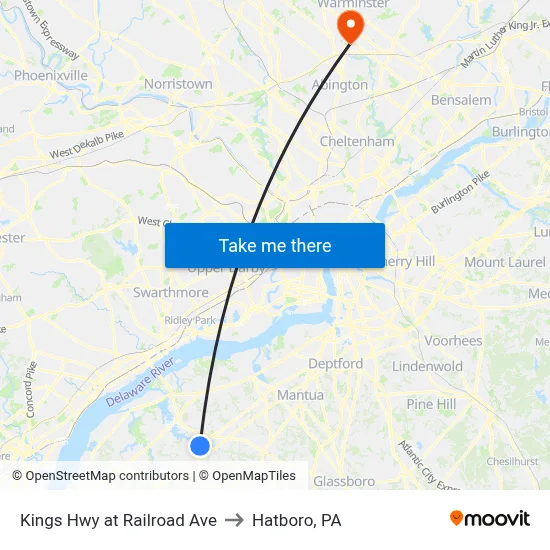 Kings Hwy at Railroad Ave to Hatboro, PA map