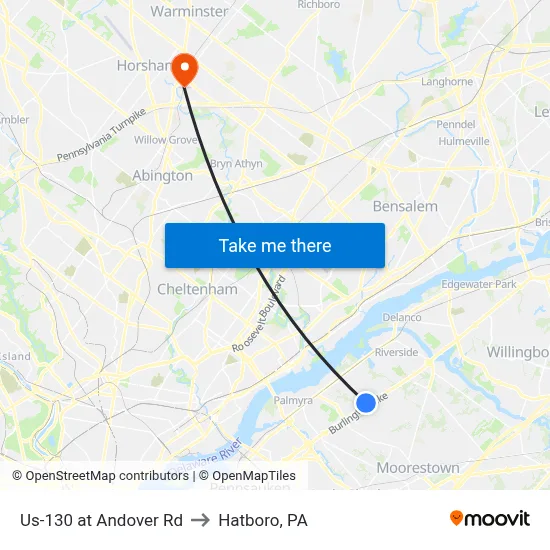 Us-130 at Andover Rd to Hatboro, PA map