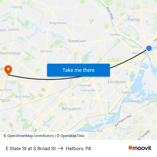 E State St at S Broad St to Hatboro, PA map