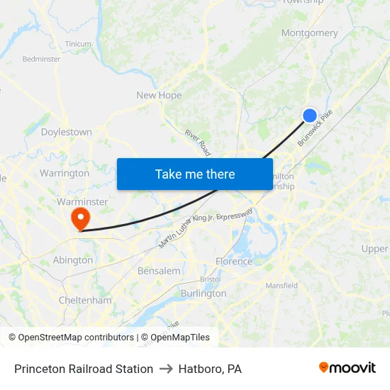 Princeton Railroad Station to Hatboro, PA map
