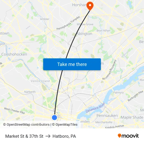 Market St & 37th St to Hatboro, PA map