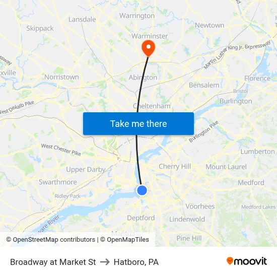 Broadway at Market St to Hatboro, PA map