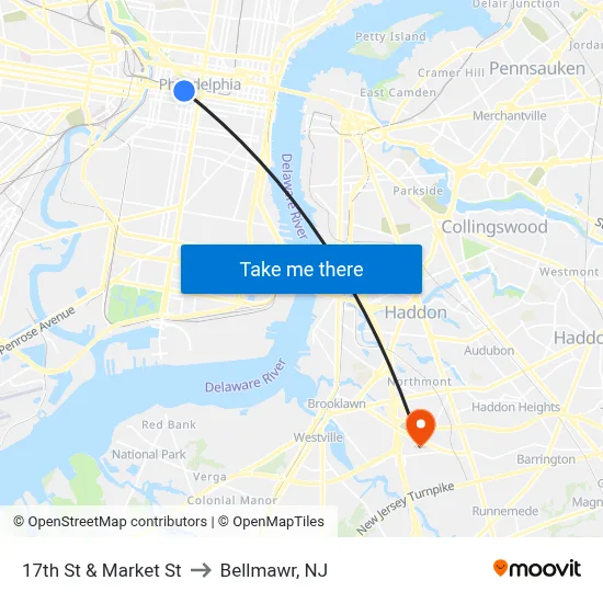 17th St & Market St to Bellmawr, NJ map