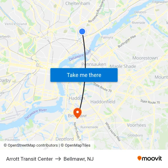 Arrott Transit Center to Bellmawr, NJ map