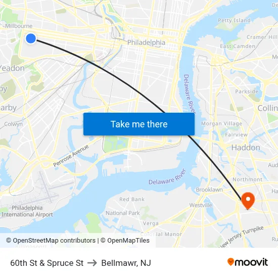 60th St & Spruce St to Bellmawr, NJ map