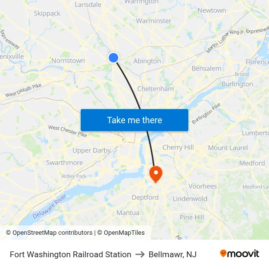 Fort Washington Railroad Station to Bellmawr, NJ map