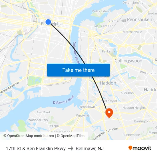 17th St & Ben Franklin Pkwy to Bellmawr, NJ map