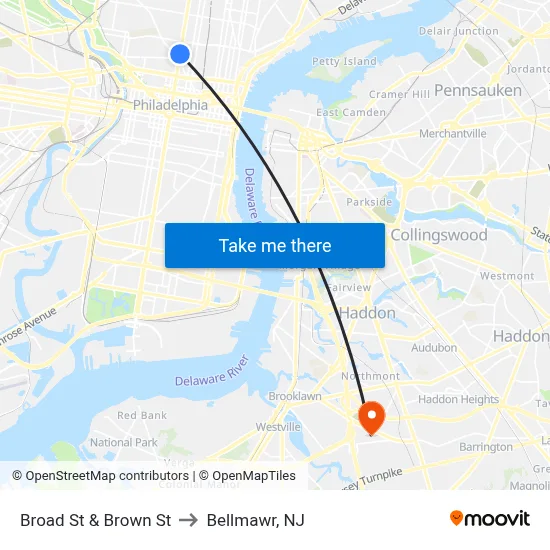 Broad St & Brown St to Bellmawr, NJ map