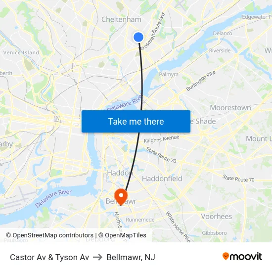 Castor Av & Tyson Av to Bellmawr, NJ map