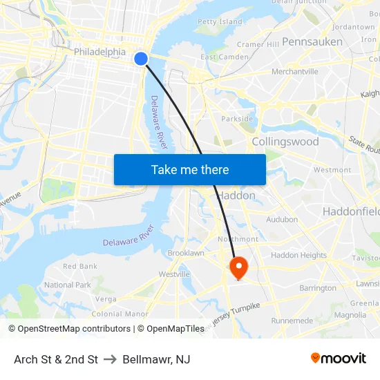 Arch St & 2nd St to Bellmawr, NJ map