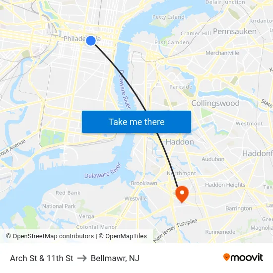 Arch St & 11th St to Bellmawr, NJ map
