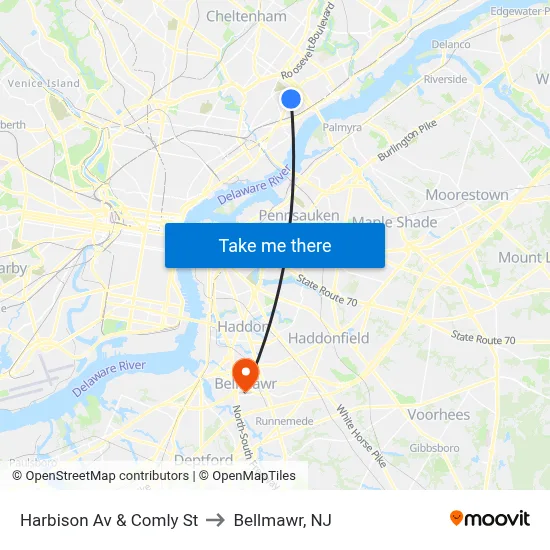 Harbison Av & Comly St to Bellmawr, NJ map