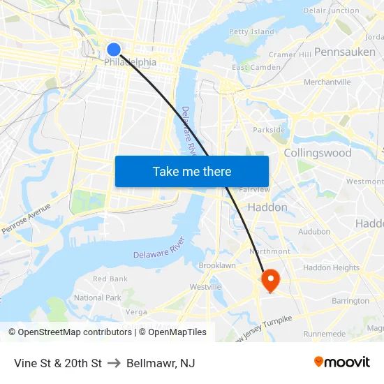 Vine St & 20th St to Bellmawr, NJ map