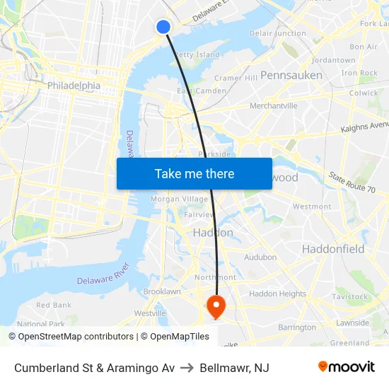 Cumberland St & Aramingo Av to Bellmawr, NJ map