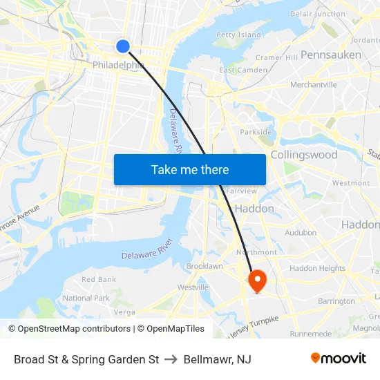 Broad St & Spring Garden St to Bellmawr, NJ map