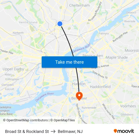 Broad St & Rockland St to Bellmawr, NJ map