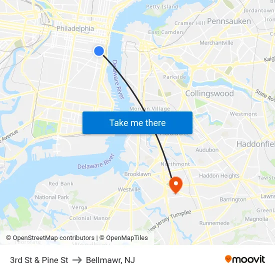 3rd St & Pine St to Bellmawr, NJ map