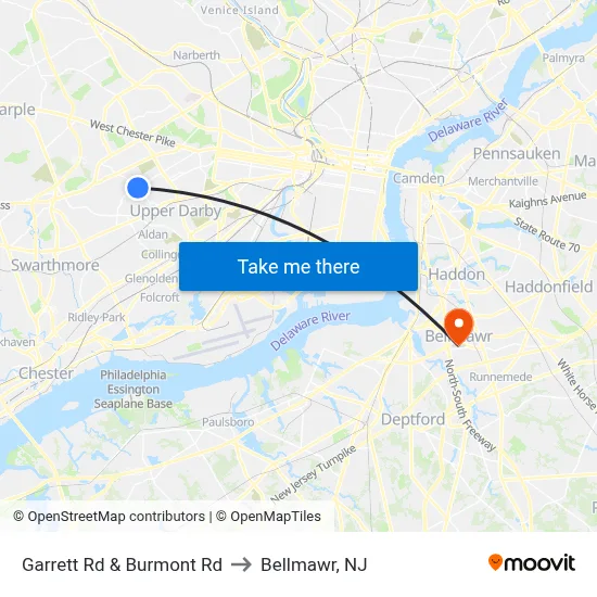 Garrett Rd & Burmont Rd to Bellmawr, NJ map