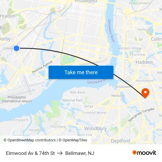 Elmwood Av & 74th St to Bellmawr, NJ map