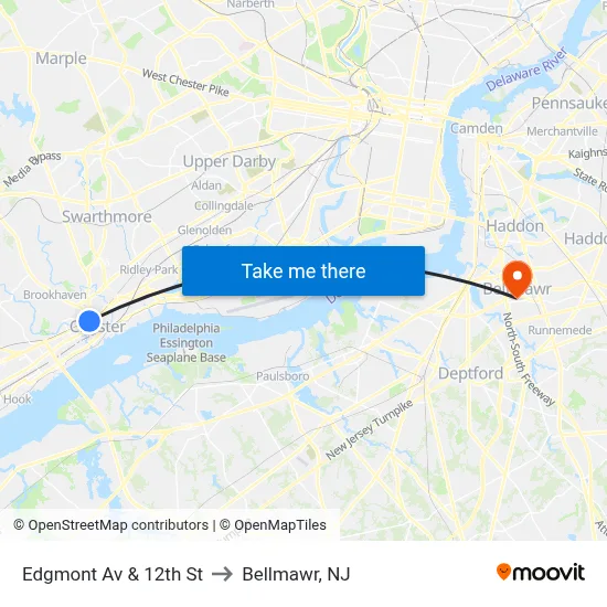 Edgmont Av & 12th St to Bellmawr, NJ map