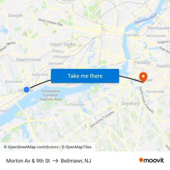 Morton Av & 9th St to Bellmawr, NJ map