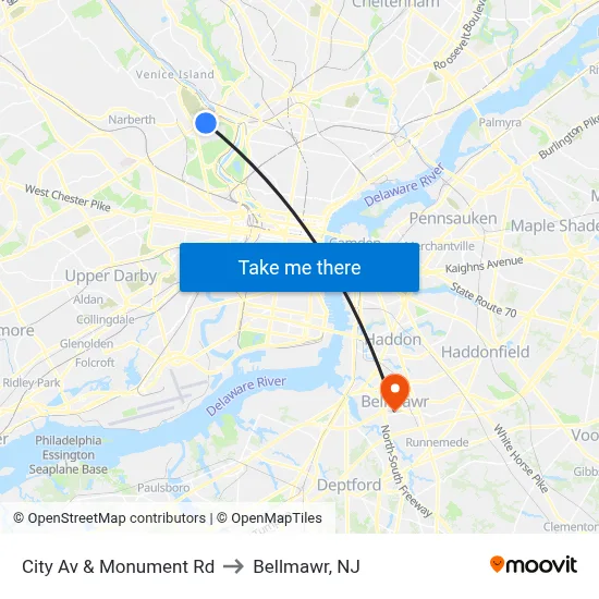 City Av & Monument Rd to Bellmawr, NJ map