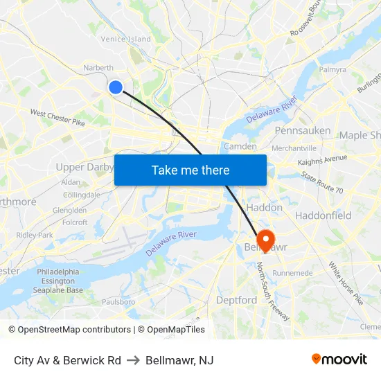 City Av & Berwick Rd to Bellmawr, NJ map