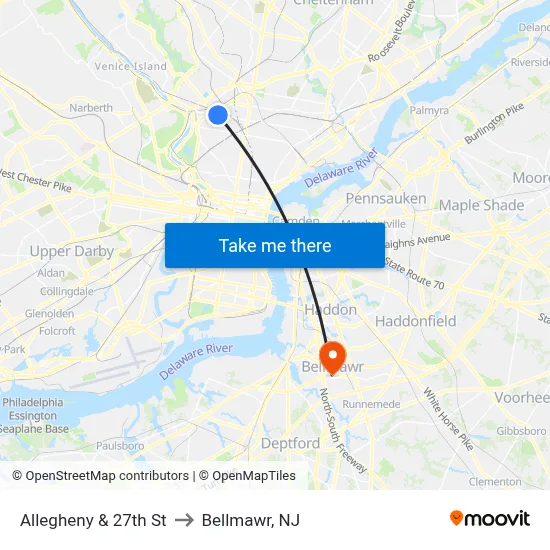 Allegheny & 27th St to Bellmawr, NJ map