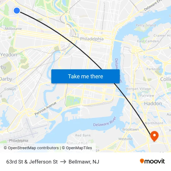 63rd St & Jefferson St to Bellmawr, NJ map