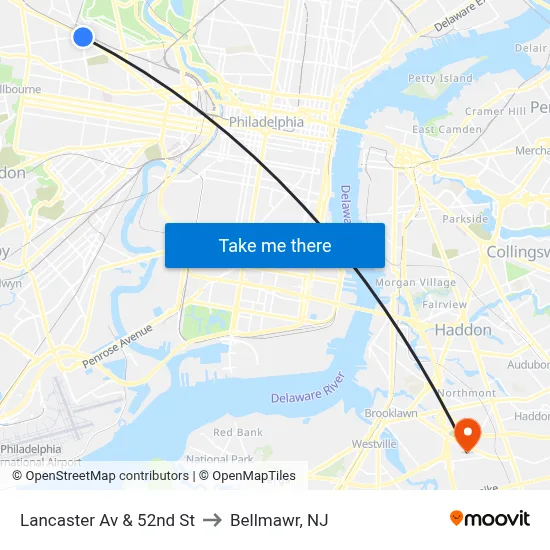 Lancaster Av & 52nd St to Bellmawr, NJ map