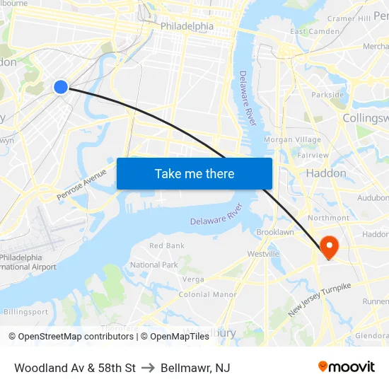 Woodland Av & 58th St to Bellmawr, NJ map