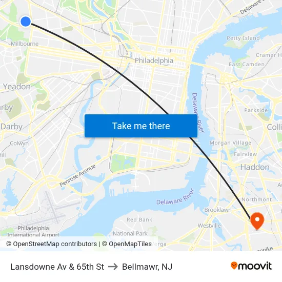 Lansdowne Av & 65th St to Bellmawr, NJ map