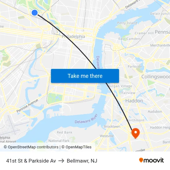 41st St & Parkside Av to Bellmawr, NJ map