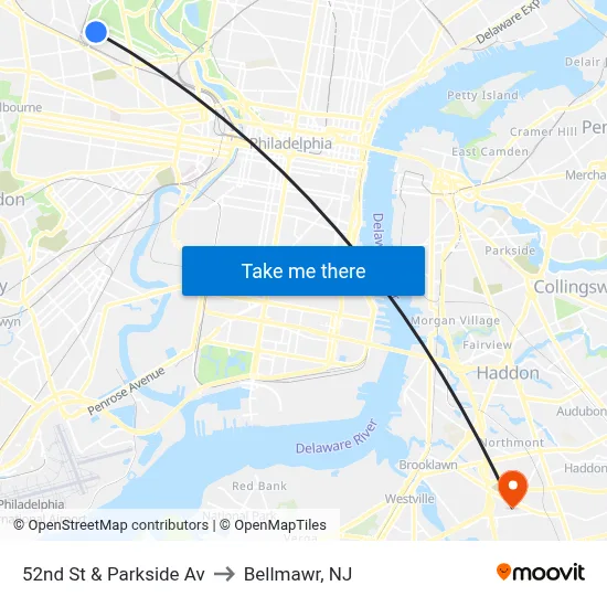 52nd St & Parkside Av to Bellmawr, NJ map