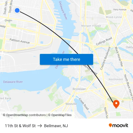 11th St & Wolf St to Bellmawr, NJ map