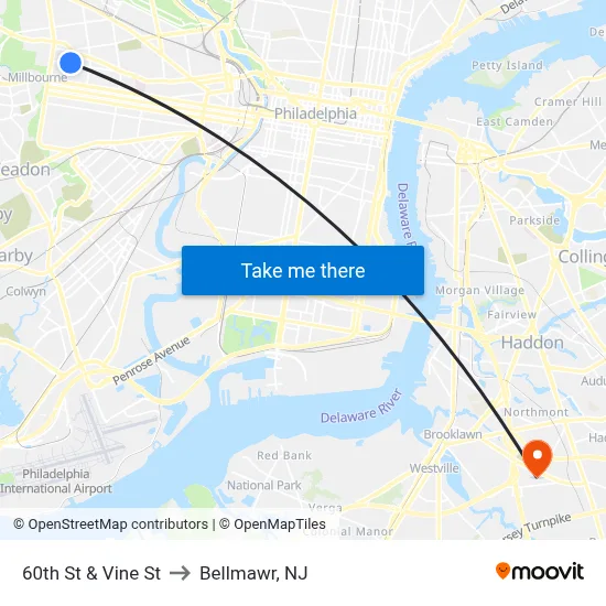 60th St & Vine St to Bellmawr, NJ map