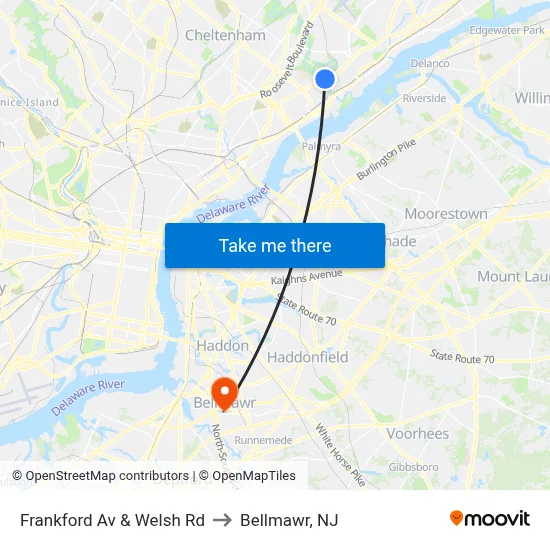 Frankford Av & Welsh Rd to Bellmawr, NJ map