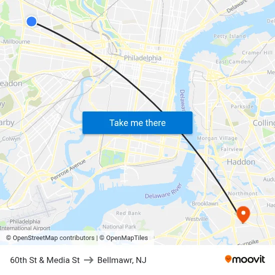 60th St & Media St to Bellmawr, NJ map