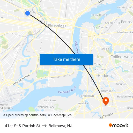 41st St & Parrish St to Bellmawr, NJ map
