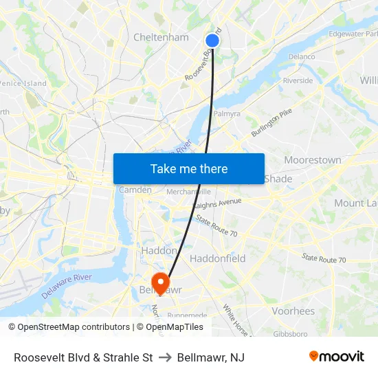 Roosevelt Blvd & Strahle St to Bellmawr, NJ map