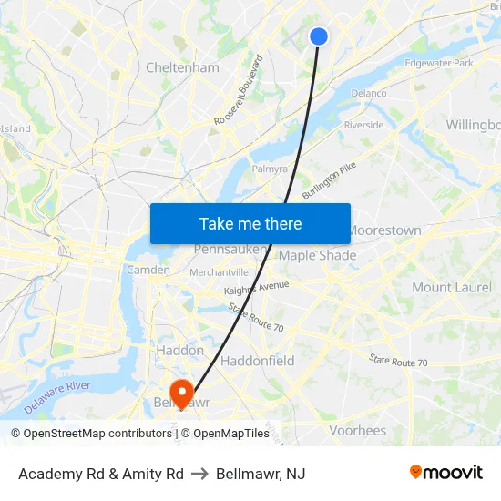 Academy Rd & Amity Rd to Bellmawr, NJ map