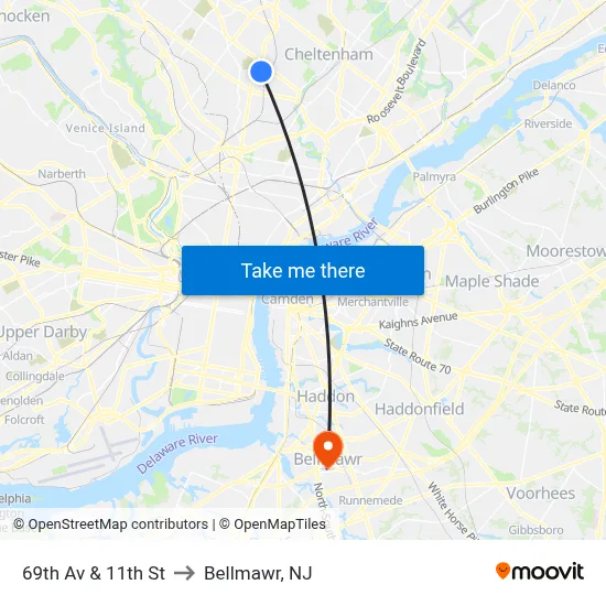 69th Av & 11th St to Bellmawr, NJ map