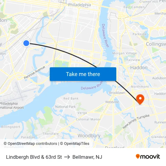 Lindbergh Blvd & 63rd St to Bellmawr, NJ map